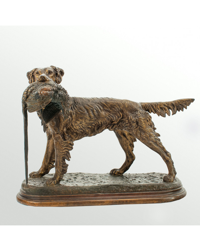 Hunting dog holding a pheasant, signed Jules MOIGNIEZ (1835-1894)