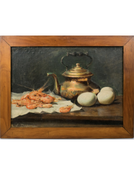 XIXth "Composition with shrimp and egg" signed Francois Dupuis