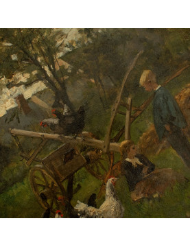 Auguste DURST (1842-1930).  Enfant jouant parmi les poules. Huile sur toile signée
