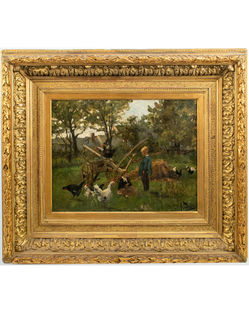 Auguste DURST (1842-1930). Enfant jouant parmi les poules. Huile sur toile signée