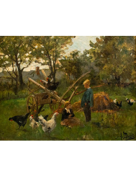 Auguste DURST (1842-1930).  Enfant jouant parmi les poules. Huile sur toile signée