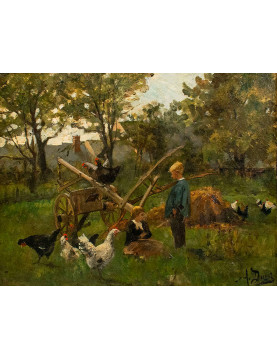 Auguste DURST (1842-1930). Child playing among chickens. Oil on canvas signed