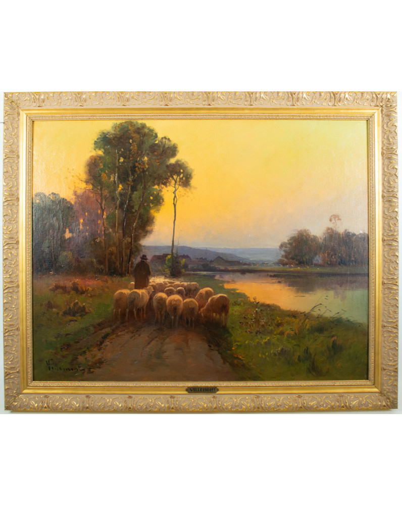 VILLEMONT (XIX - XXème): Troupeau de moutons - Huile sur toile.