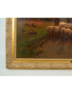 VILLEMONT (XIX - XXème): Troupeau de moutons - Huile sur toile.