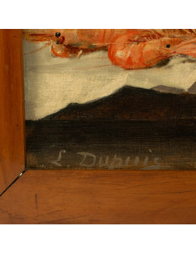 École XIXème  "Composition aux crevettes et des oeufs" signee L Dupuis