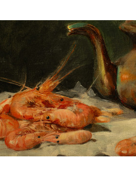 École XIXème  "Composition aux crevettes et des oeufs" signee L Dupuis