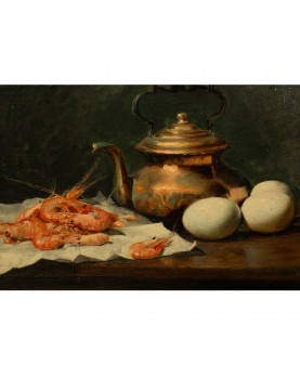 École XIXème  "Composition aux crevettes et des oeufs" signee L Dupuis