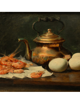 École XIXème  "Composition aux crevettes et des oeufs" signee L Dupuis