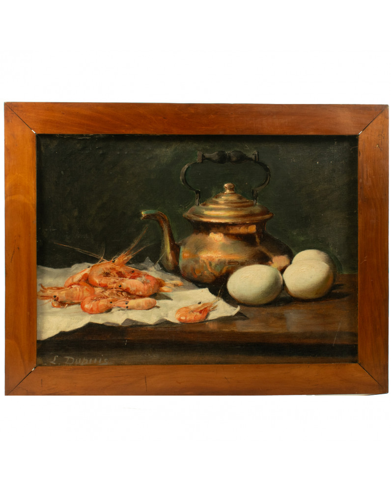 École XIXème  "Composition aux crevettes et des oeufs" signee L Dupuis